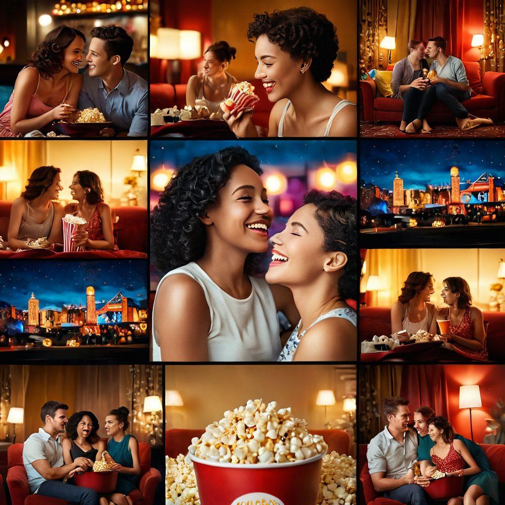 A captivating collage of vibrant scenes depicting joyful and intimate moments shared between couples, adorned with soft lighting and playful elements. Incorporate subtle symbols of entertainment like film reels and popcorn, merged elegantly in the background. The overall mood should be warm and inviting, focusing on happiness and shared pleasure. Include a diverse range of couples to create an inclusive atmosphere. super-realistic. vibrant colors. soft focus.