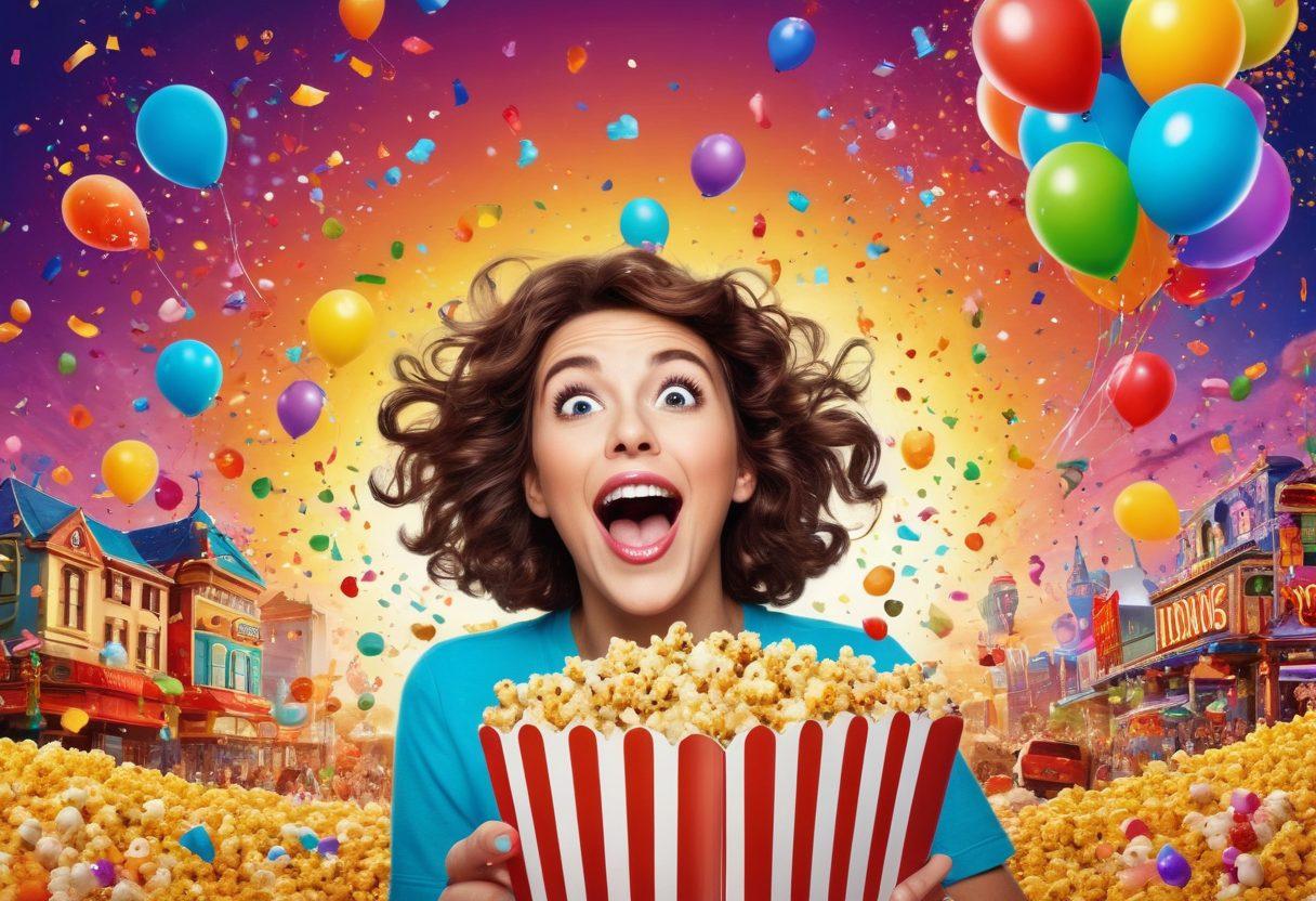 A playful and colorful montage showcasing various vibrant scenes of amusement and thrill, featuring whimsical elements like confetti, balloons, and popcorn. Include characters engaged in joyous activities such as watching entertaining videos on oversized screens, with expressions of surprise and delight. The background should be lively and energetic, invoking a sense of fun and mischief. Use bright and engaging colors to convey a sense of excitement. vector art. vibrant colors.