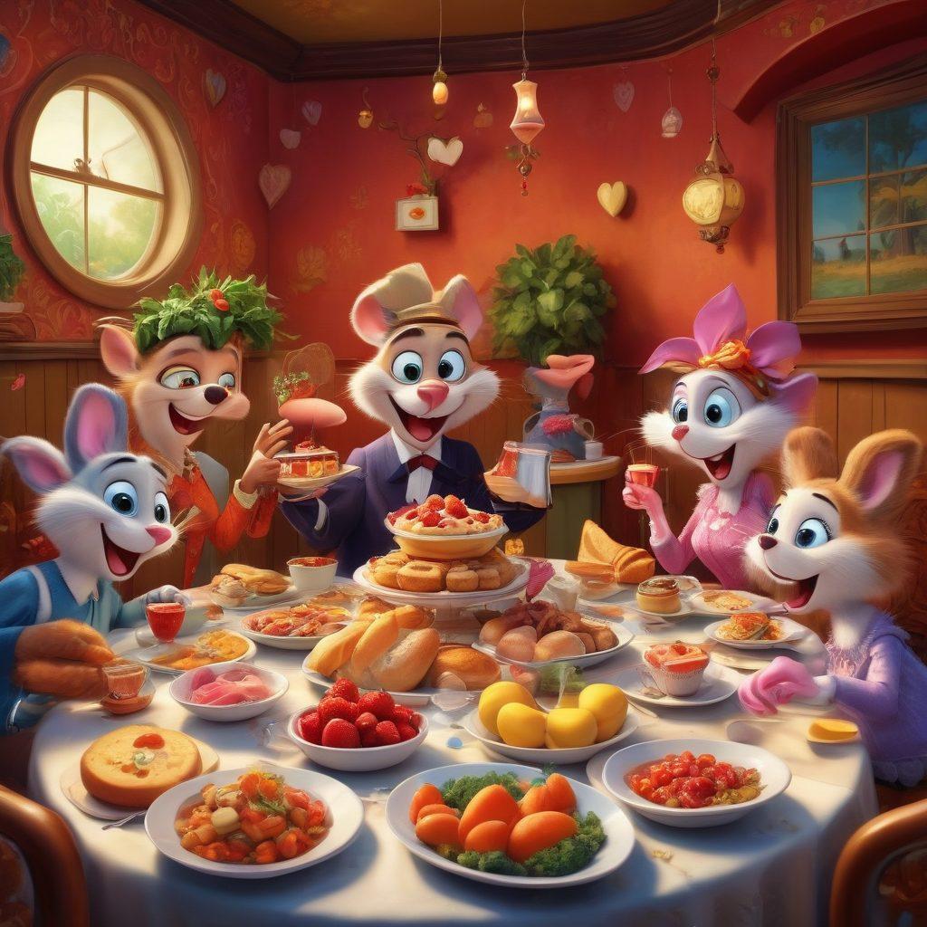 A playful scene depicting a group of whimsical cartoon characters enjoying a lavish feast of gourmet foods, surrounded by seductive and humorous elements like cheeky winks and playful gestures. The characters have exaggerated expressions of joy and mischief, with a colorful and vibrant background that includes fun motifs like hearts and laughter. This captures the essence of indulgence and fun in adult content. cartoon style, vibrant colors, energetic atmosphere.
